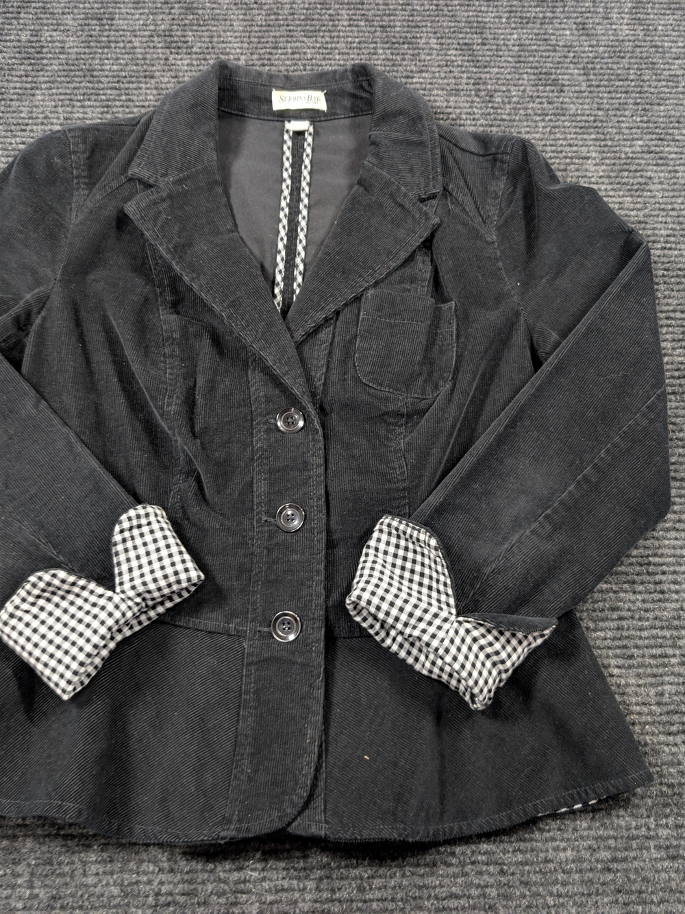 St. John's Bay Black Corduroy Blazer with Gingham Cuff Detail